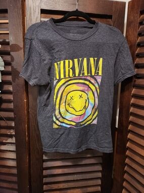 NIRVANA Gray Tee with Yellow Smiley and Multicolor Swirl